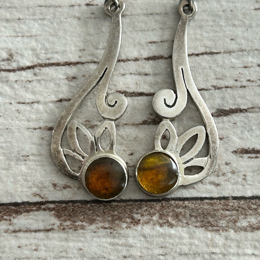 Sterling Silver Amber Drop Earrings - Honey Amber